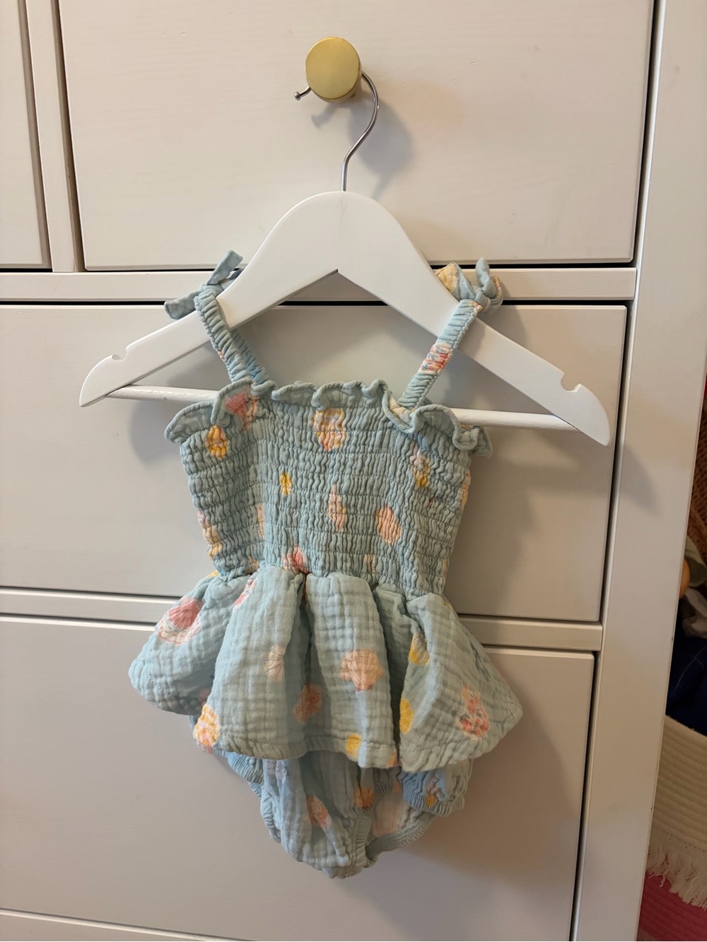 Angel Dear 12-18M Seafoam Blue Shell Print Smocked Muslin Romper